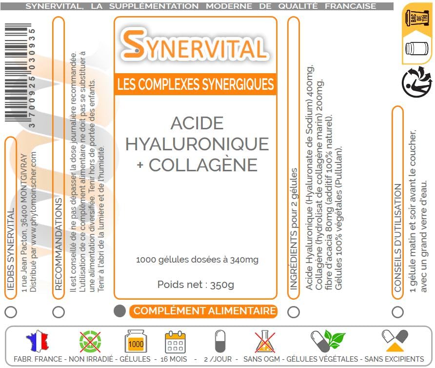 Acide hyaluronique + Collagène Synervital Synervital 1000 gélules dosées à 340mg - Complément alimentaire - Peau, articulations - Fabriqué en france