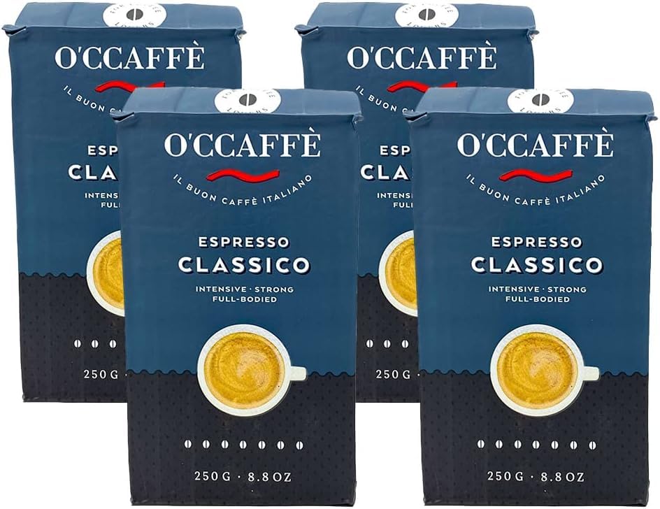 O'ccaffe Espresso Classico - Café Molido 1Kg (4 Paquetes de 250g) - Espresso Bar con Cuerpo, Sabor Intenso y Nota de Nuez - Crema Persistente y Carácter Fuerte.