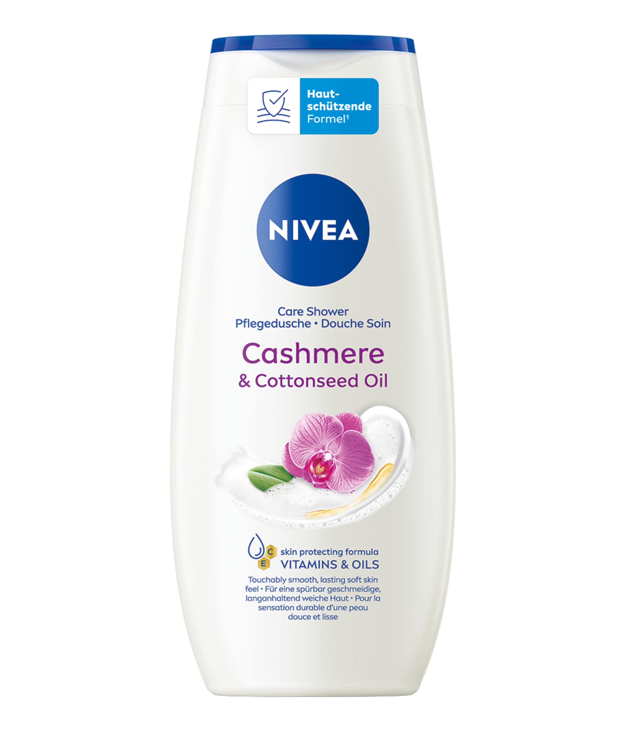 NIVEA Cashmere & Cottonseed Oil Pflegedusche, pH-hautneutrales Duschgel mit Vitaminen und wertvollen Ölen, feuchtigkeitsspendende Cremedusche mit Orchideen-Duft (250 ml)