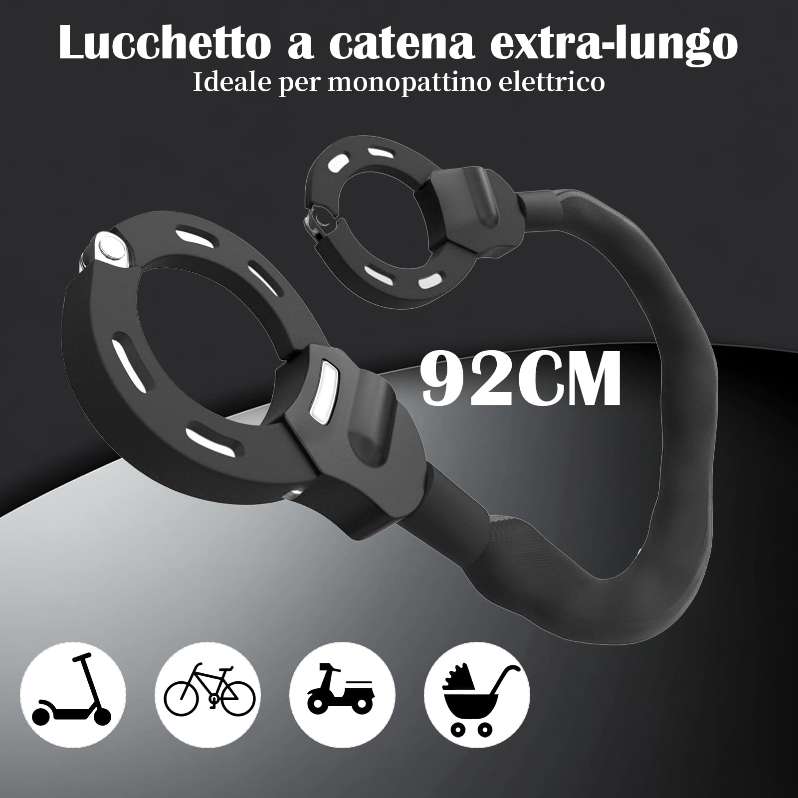 Antifurto Monopattino Elettrico, Catena da 8 mm lucchetto monopattino elettrico con chiave, Lucchetto per bicicletta da 92cm, Lucchetto ad alta sicurezza, scooter (Nero)