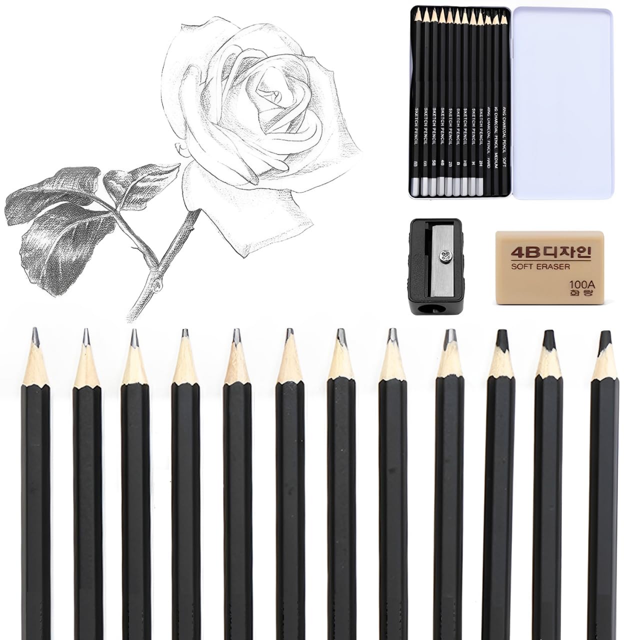 Lápices Lápices Dibujo Profesional (12 piezas), Lápices de Grafito, 2H, H, HB, B, 2B, 4B, 5B, 6B, 8B,Suave, medio y duro, con sacapuntas, Gomas de Borrar, Para niños adultos principiantes, Negro