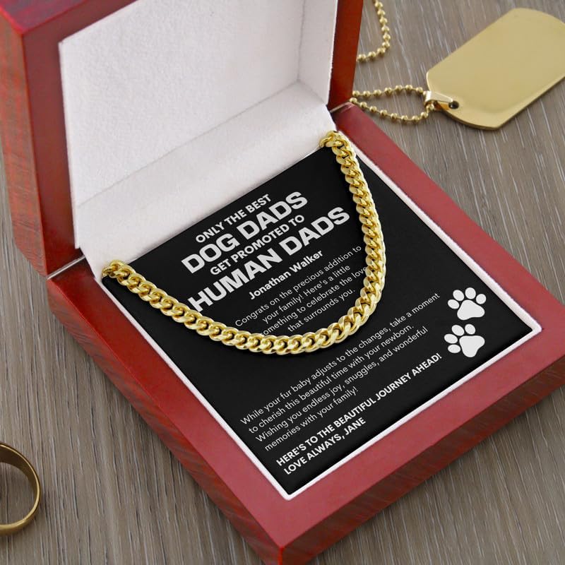 New Dad, Dog Dad Necklace Cuban Chain Gold - Precious Addition To Your Family - Jewelry For Dog Lovers Pet Owner Rotweiler