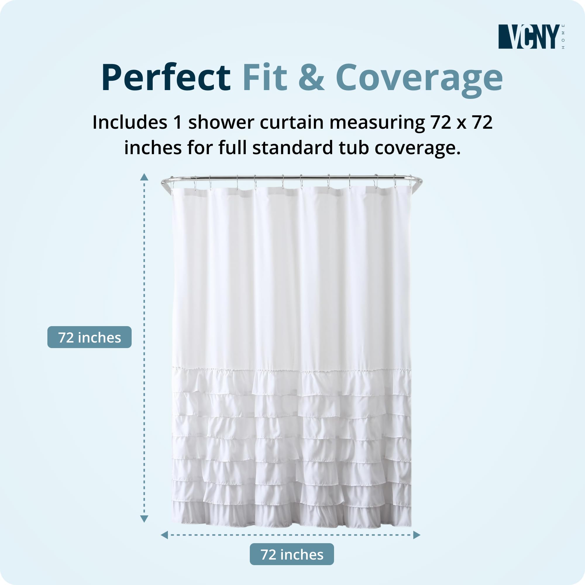 VCNY Home Zasłona prysznicowa z tkaniny z falbankami, niezbędne akcesorium łazienkowe, elegancki wystrój domu, 183 cm długości, kolekcja Melanie, biała