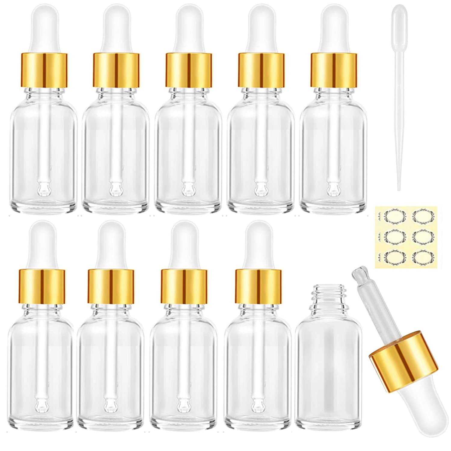 Alledomain 10Ml 10Pcs, Clear Glass Bottles With Dropper Pipettes, Mini Empty Dropper Bottles Golden Metal Cap Refillable Sample Container For Essential Oil/Aromatherapy Blends/Chemical Liquid