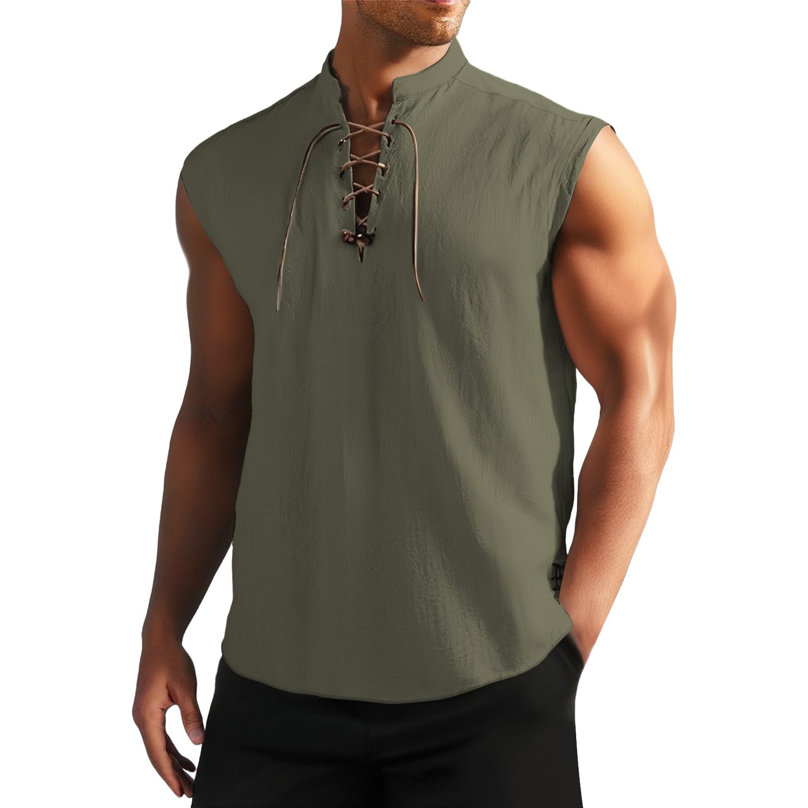 Mens Tank Tops Sleeveless T Shirts Cotton Lace Up Shirt Linen Tshirt for Pirate Renaissance Medieval Viking Costume Camisillas Negras para Hombres(Green, XXL)