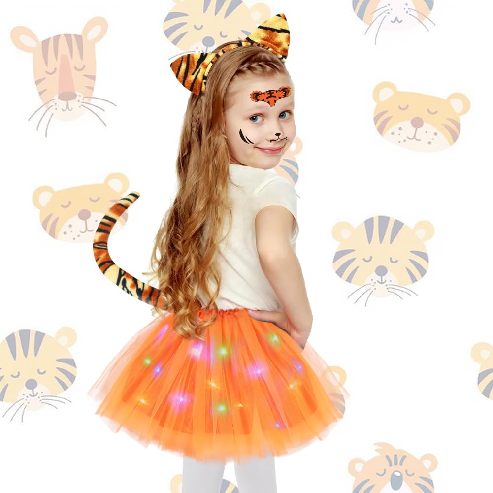AOOWU Tiger Costume Set for Kids 6PCS Animal Costume Set Light Up Tutu Skirt with Tiger headband Nose Tail Bow Tie Tiger Sticker - Image 4