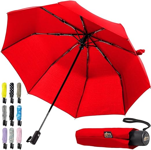 GORILLA GRIP Windproof Compact Stick Umbrella for Rain, One-Click Automatic Open and Close, Strong Reinforced Fiberglass Ribs, Easily Collapsible, Lightweight Portable Umbrellas for Travel, Red