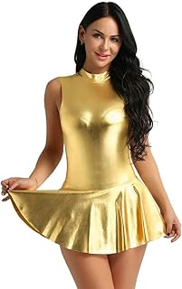 MSemis Women's Shiny Metallic Faux Leather Stand Collar Sleeveless Dress Leotard Bodysuit for Stage Performance