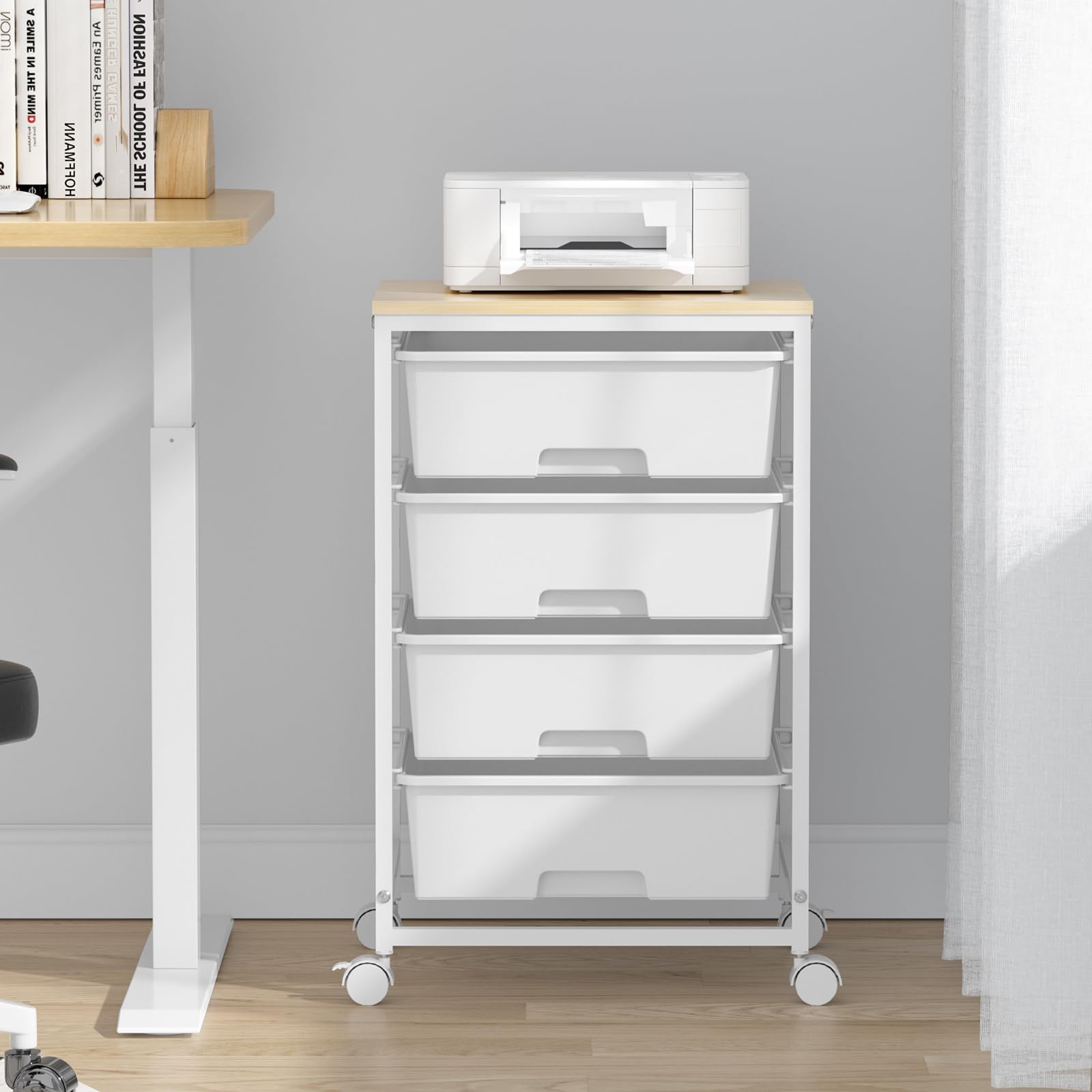 SYKIARIOL Carrello portaoggetti a 4 cassetti su ruote con piano tavolo in legno, per cucina, soggiorno, camera da letto, movimento semplice, grande capacità, 4 cassetti, bianco