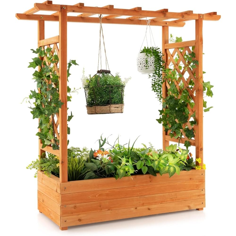 Gv8pA5fj7b Corner flower rack Outdoor Gardens Planters, Wood Planter Box with Hanging Roof, Side Trellis, Raised Garden Bed with Arch