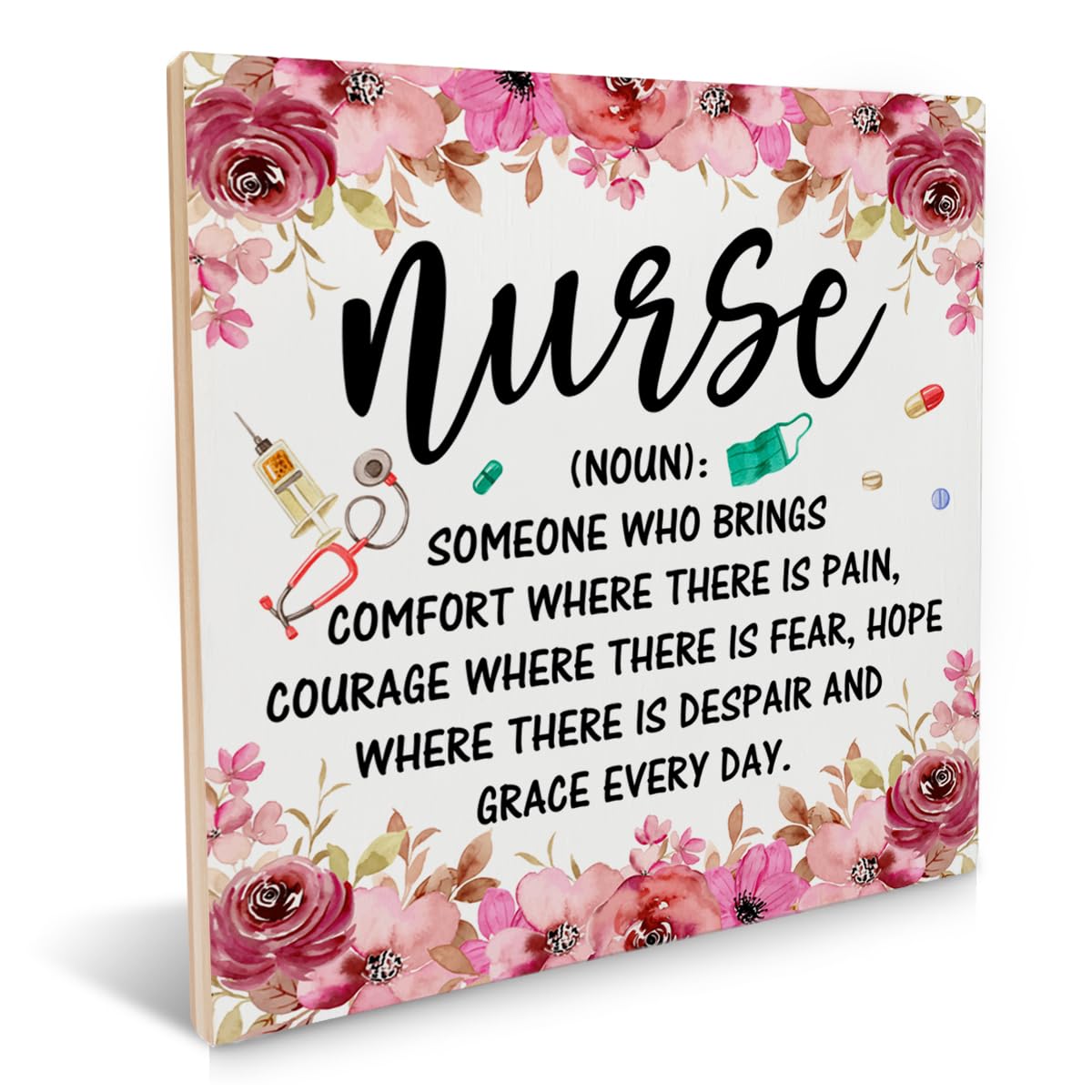 Nurse Gifts for Women, Nurse Appreciation Gift for RN Nursing Student, Floral Nurse Definition Wood Signs Plaque Keepsake Office Desk Decor 6.2 X 6.2 Inches