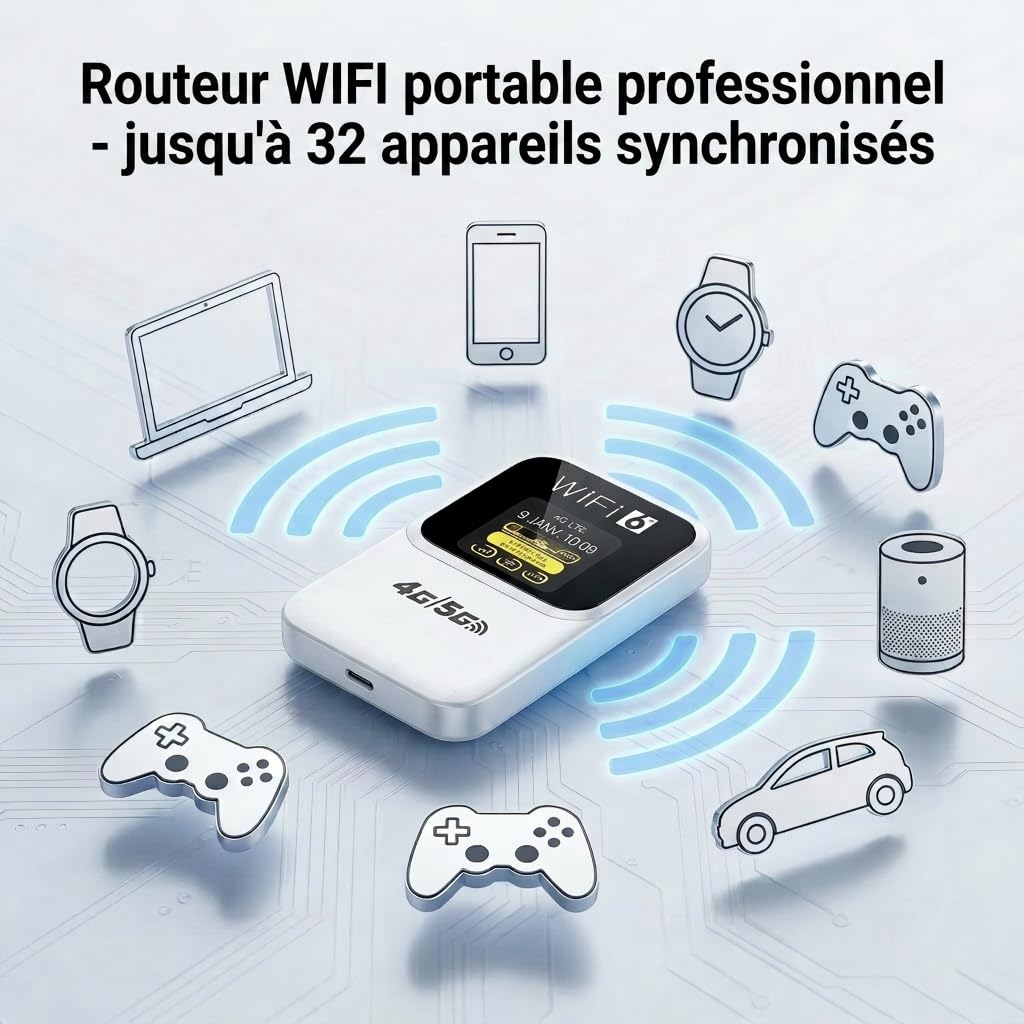 Routeur 5G Portable WiFi 6 Déverrouillé Modem Carte SIM Haut Débit 5G/4G+ 28 Appareils Voyage Télétravail