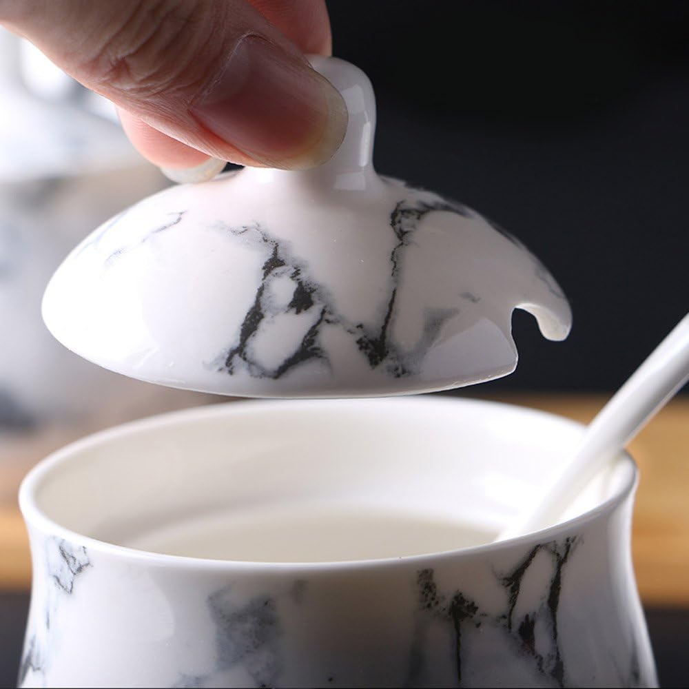 Lіmіtеd Stосk 123Arts Ceramics Marbling Sugar Salt Pepper Storage Jar Seasoning Pot with Lid And Spoon