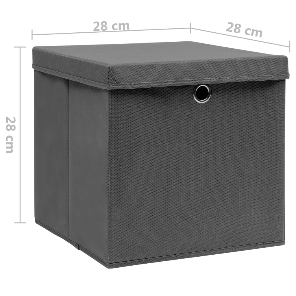 10 Stk. Aufbewahrungsboxen mit Deckeln 28x28x28 cm Grau aus Vliesstoff, faltbare Kleiderboxen mit Metallösen für Schals, Socken und Unterwäsche, platzsparend zusammenklappbar