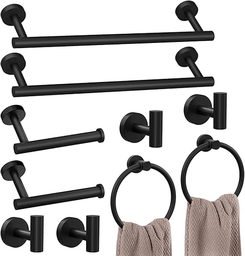 Juego de accesorios de baño de 10 piezas, color negro mate, juego de accesorios de baño de acero inoxidable, juego de barra de toallas de baño,