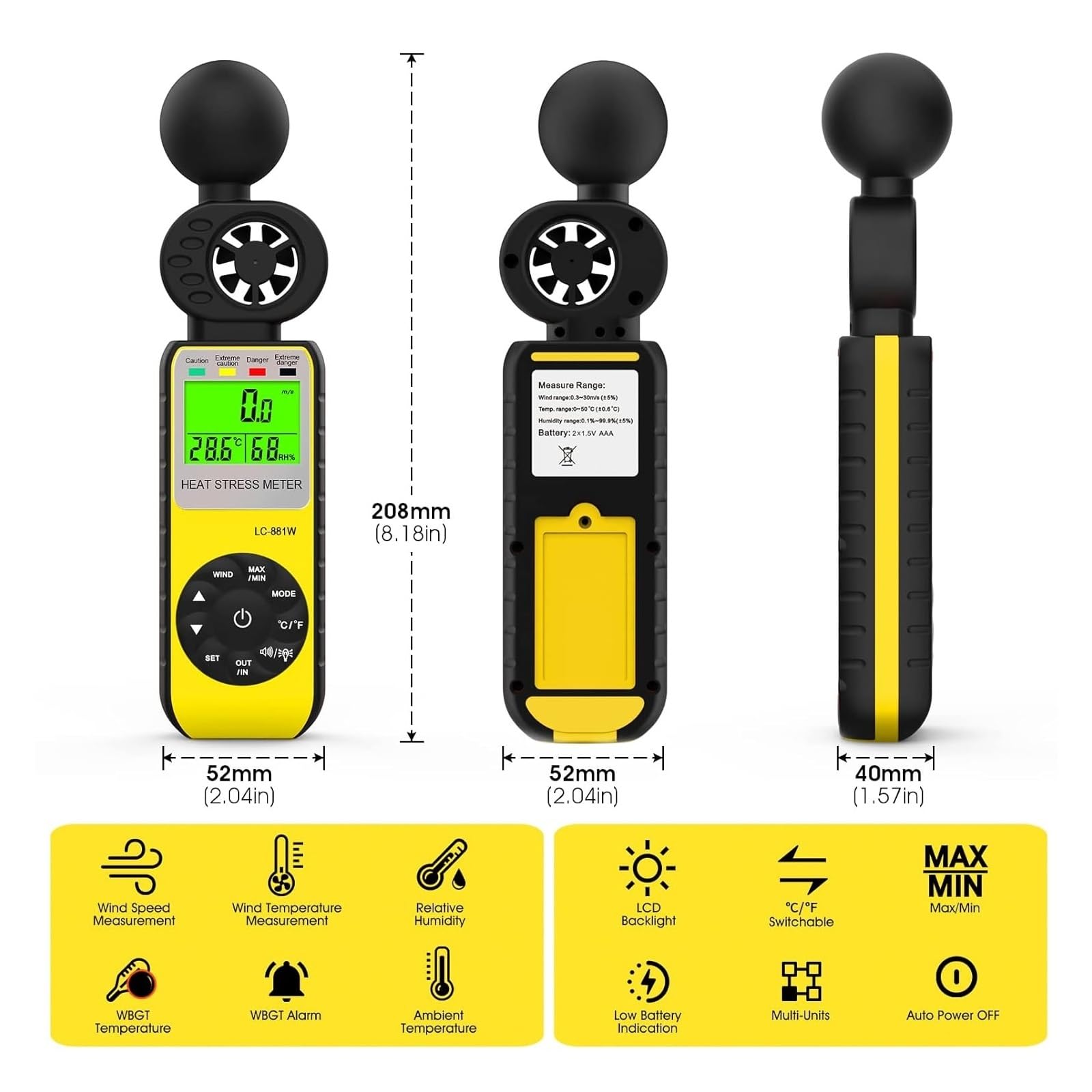 Anemometro, Anemómetro digital portátil con medidor de velocidad del viento, humedad y temperatura, alarma WBGT