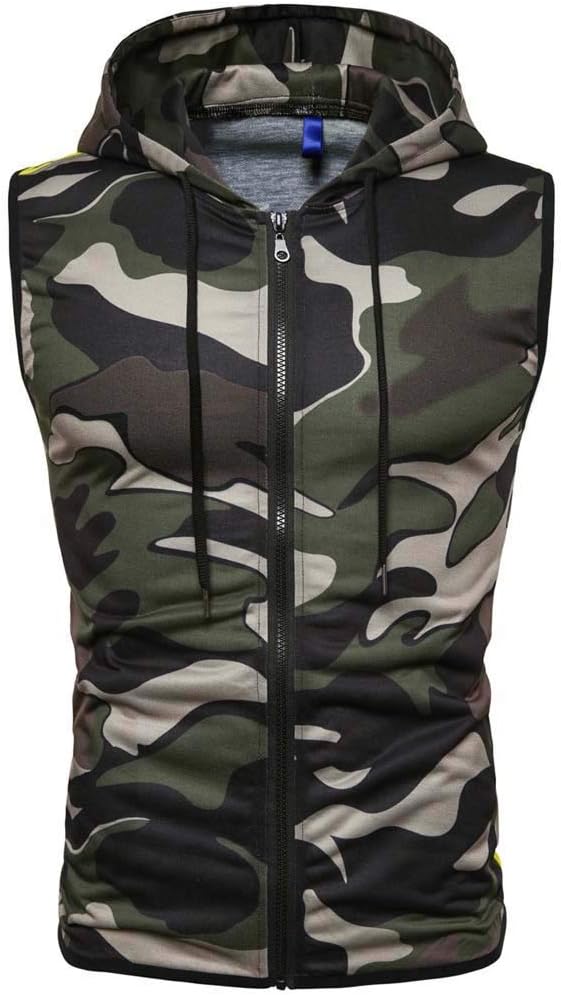 iYmitz Men's Casual Hoodie Tank Tops Sleeveless Hooded Vest Pocket Camouflage Hoodie Fashion T-Shirt Sports Men's Casual Sleeveless Hoodie Zip up Vest Tops with Pockets Mens Sleeveless Sweatshirt