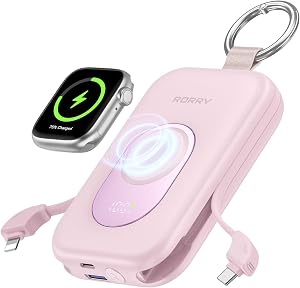 RORRY CharmGo Portable Charger, 20000mAh 30W PD Portable Charger Power Bank Fast Charging with 2 Built-in Cables, Travel Essentials Battery Pack with Keychain for iPhone,Apple Watch,Pink