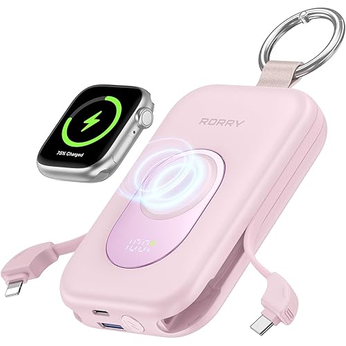 RORRY Portable Charger, 20000mAh PD 30W Portable Charger Power Bank with 2 Built-in Cables, Super Fast Charging Battery Pack with Keychain, Travel Essentials for iPhone, Apple Watch, iPad, Pink