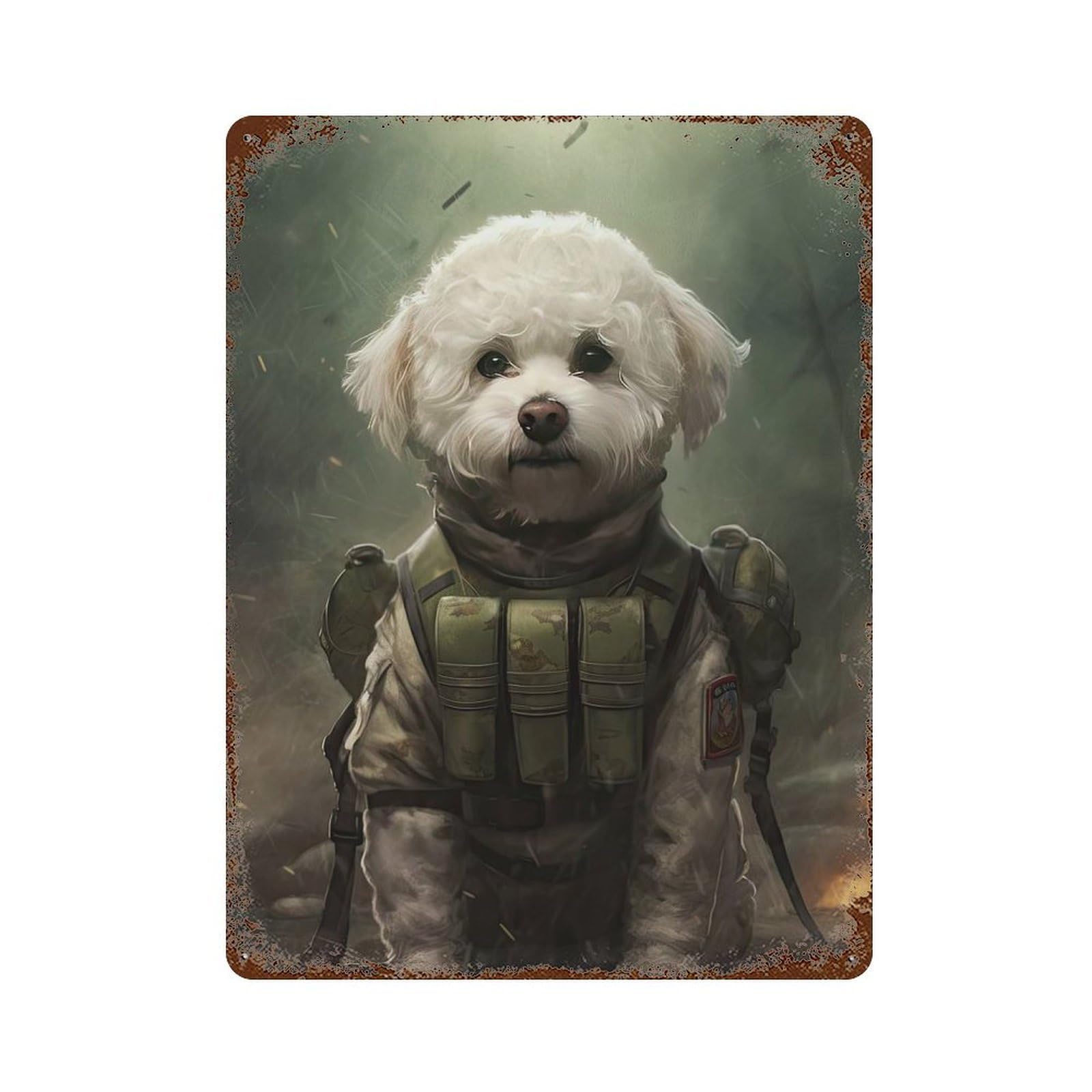 Bichon Frise Soldier Aged Metal Wall Plaque 15.7"x11.8", Old School Wall Decor for Garage, Pub Or Kitchen