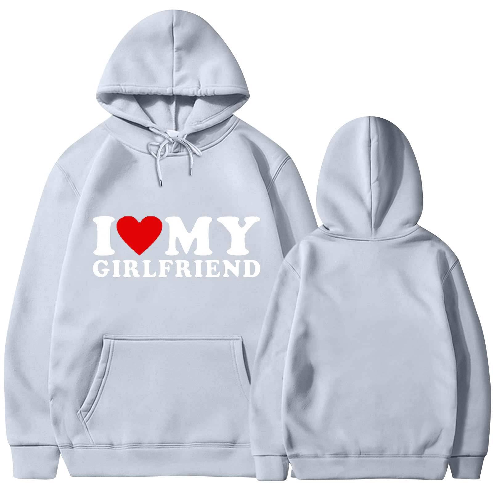 I Love My Girlfriend Hooded Funny Letter 3D Printed Hoodie Long Sleeve Tops with Pocket for Men