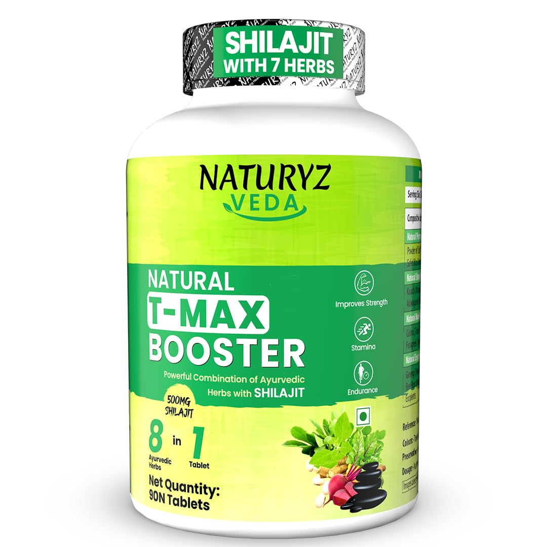 Naturyz VEDA Natural T-MAX Booster with 8 Ayurvedic Herbs | Highest Strength Shilajit | Safed Musli | Kaunch | Ashwagandha | Gokshura | Ginseng | High absorption | Original Shilajeet Improves Strength, Stamina, Endurance, Energy & Muscle Mass for Men & Women - 90 Tablets