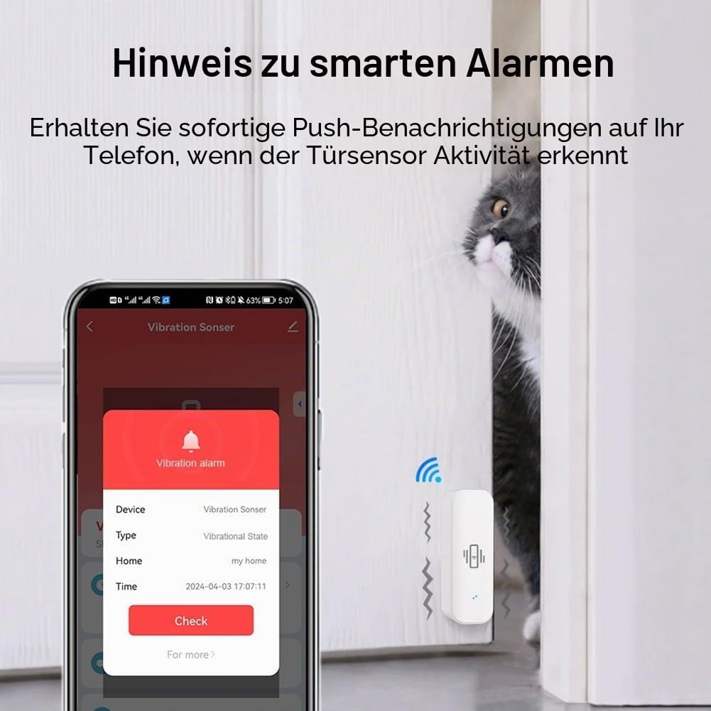 WLAN-Vibrationssensor, kabelloser Mini-Glasbruchmelder für Alarm und Smart-Home-Automatisierung, kein Hub erforderlich, kompatibel mit Tuya/für Smart Life App (6 Stück)