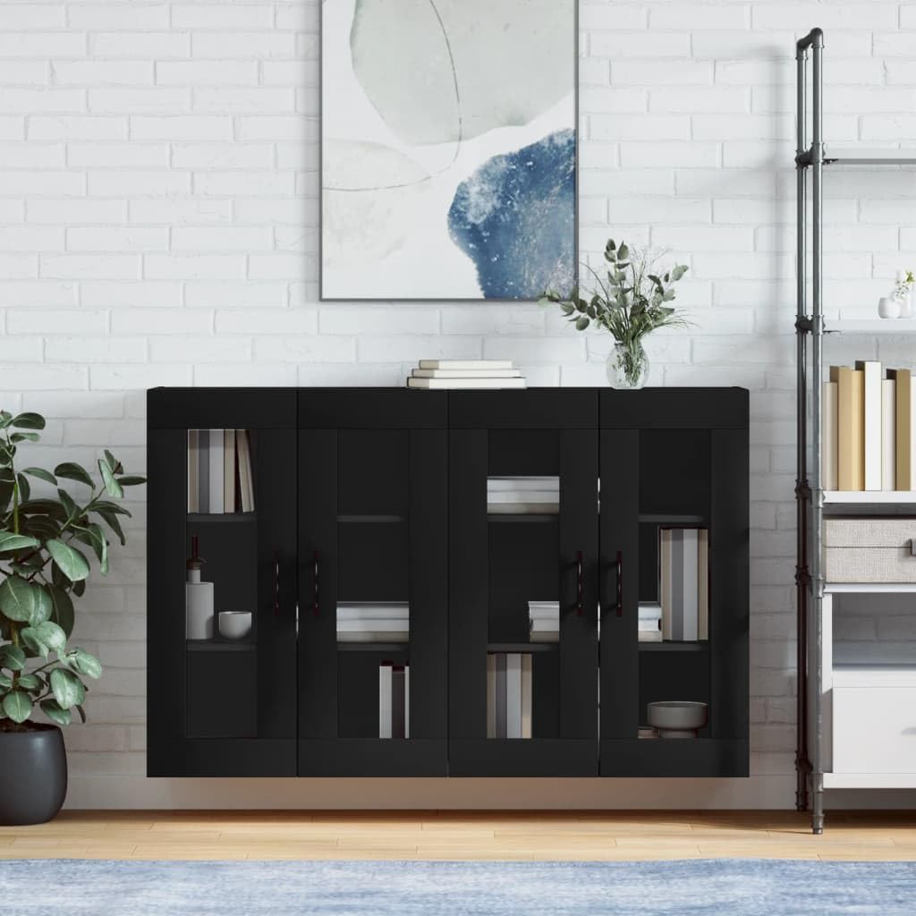 Armoire murale bois noir lot de 2 avec portes en verre et étagères intérieures