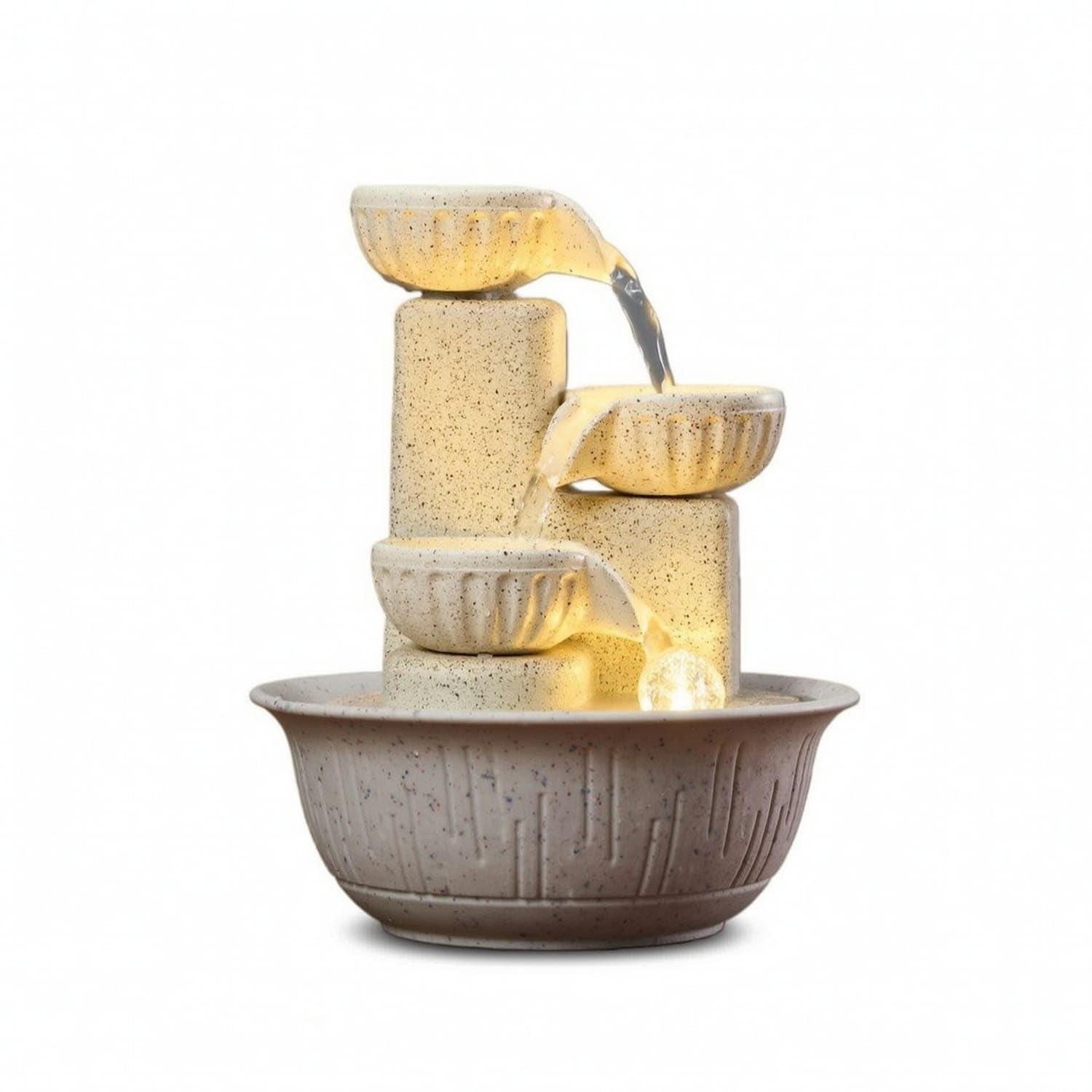 USB-Powered 3-Tier Desktop Fountain Compact Tabletop Water Fountain with Light Illuminated Soothing for Desk, Office, Tea Table, Beige, White Pot USB Pump-image-35