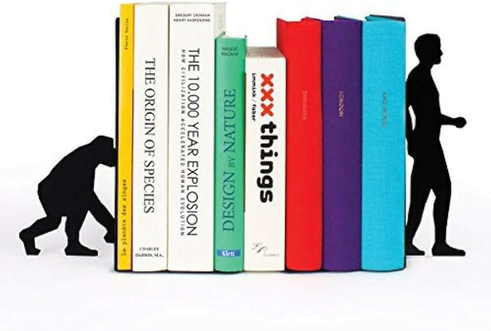 A10SHOP Ares Monkey to Men Evolution Bookshelf Decor, Book Ends for Shelves, Metal Book Holder, Bookstand with Non-Skid Base (Black)