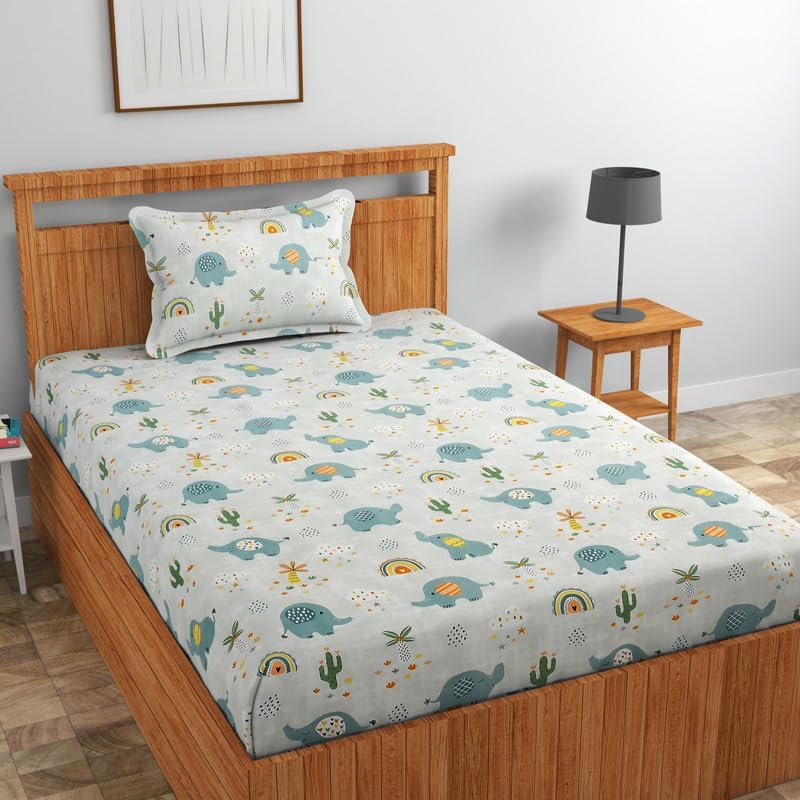 Image of RD FABS Glace Cotton Wrinkle Free Soft Hypoallergenic Single Bed Sheet with 1 Pillow Cover | Cartoon Printed Elephant Design for Boys & Girls Room | 60x90 Inches Grey | 144 TC