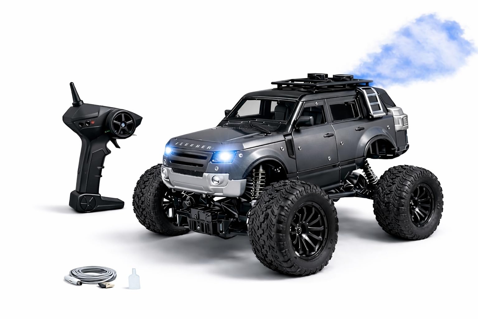 200+ Feet Range Rechargeable Metal Body Defender RC Rock Crawler Car with Double Mist Spray, LED Headlights, Type-C Port, Off-Road Remote Control Monster Truck Toy for Kids (Black)-image-22