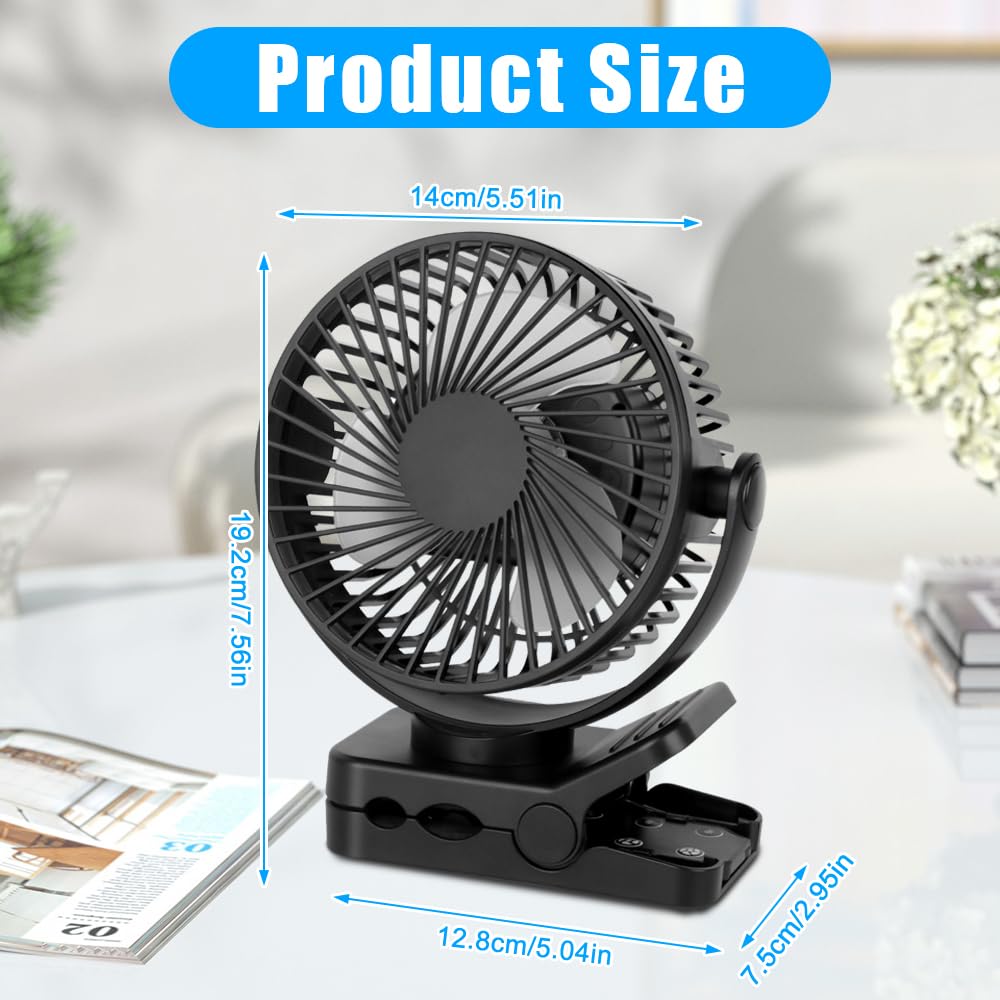 Ventilatore da campeggio, 12000 mAh, mini ventilatore USB, silenzioso, con telecomando e funzione timer, 3 velocità, rotazione a 360°, con luce a LED e ganci, per ufficio, casa, auto, camper