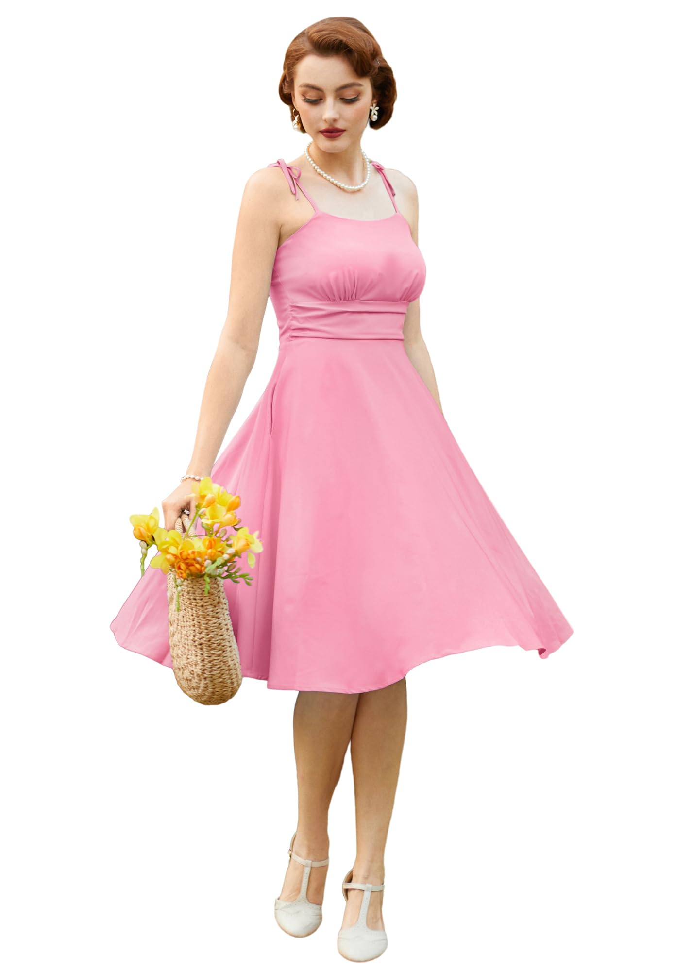 Belle Poque Robe d'été pour femme avec bretelles spaghetti, ligne A, robe de soleil, robe de loisirs avec poches, robe de vacances, robe de plage