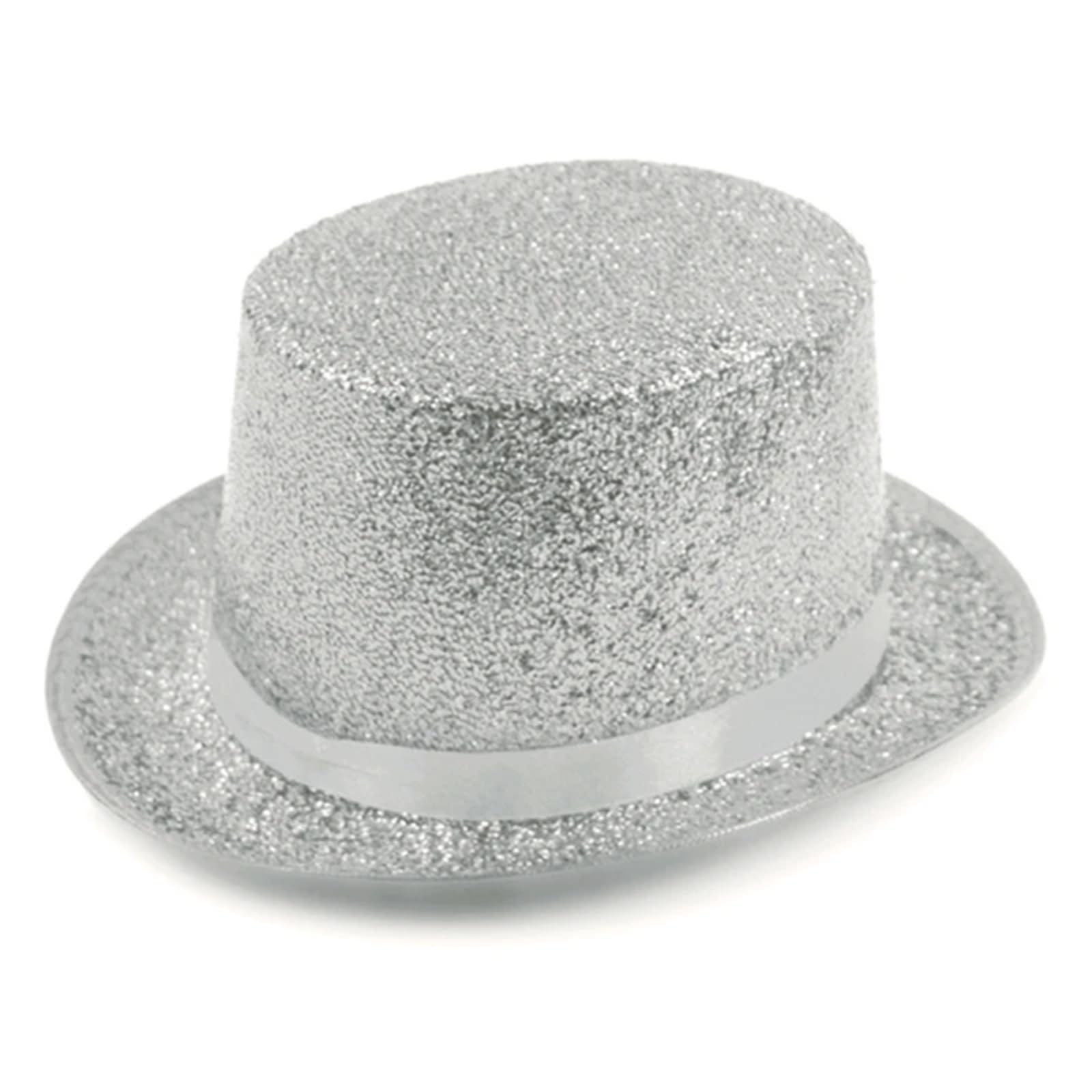 Sombrero de Copa Sombrero de Copa con Purpurina, Sombrero de ala Ancha, Sombrero de Copa de Vacaciones, Disfraz de Mago de ala Corta for reuniones al Aire Libre(Silver White)