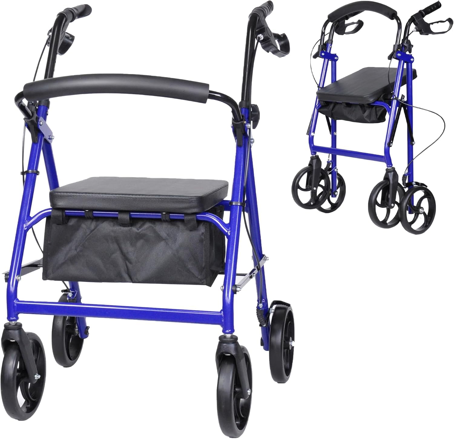 Upgraded 8 Inch Wheels 4 Wheeled Rollator with Seat | Folding Mobility Walker for Elderly | Rollator with Seat | Lightweight Walker with Storage | MobiWalk Classic Walking Aids for The Elderly (Blue)