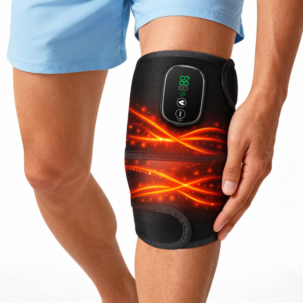 Masajeador de rodilla inalámbrico con 4 motores de vibración, 5 niveles de calefacción, 5 niveles de vibración, batería integrada de 5000 mAh, almohadilla térmica de rodilla para aliviar el