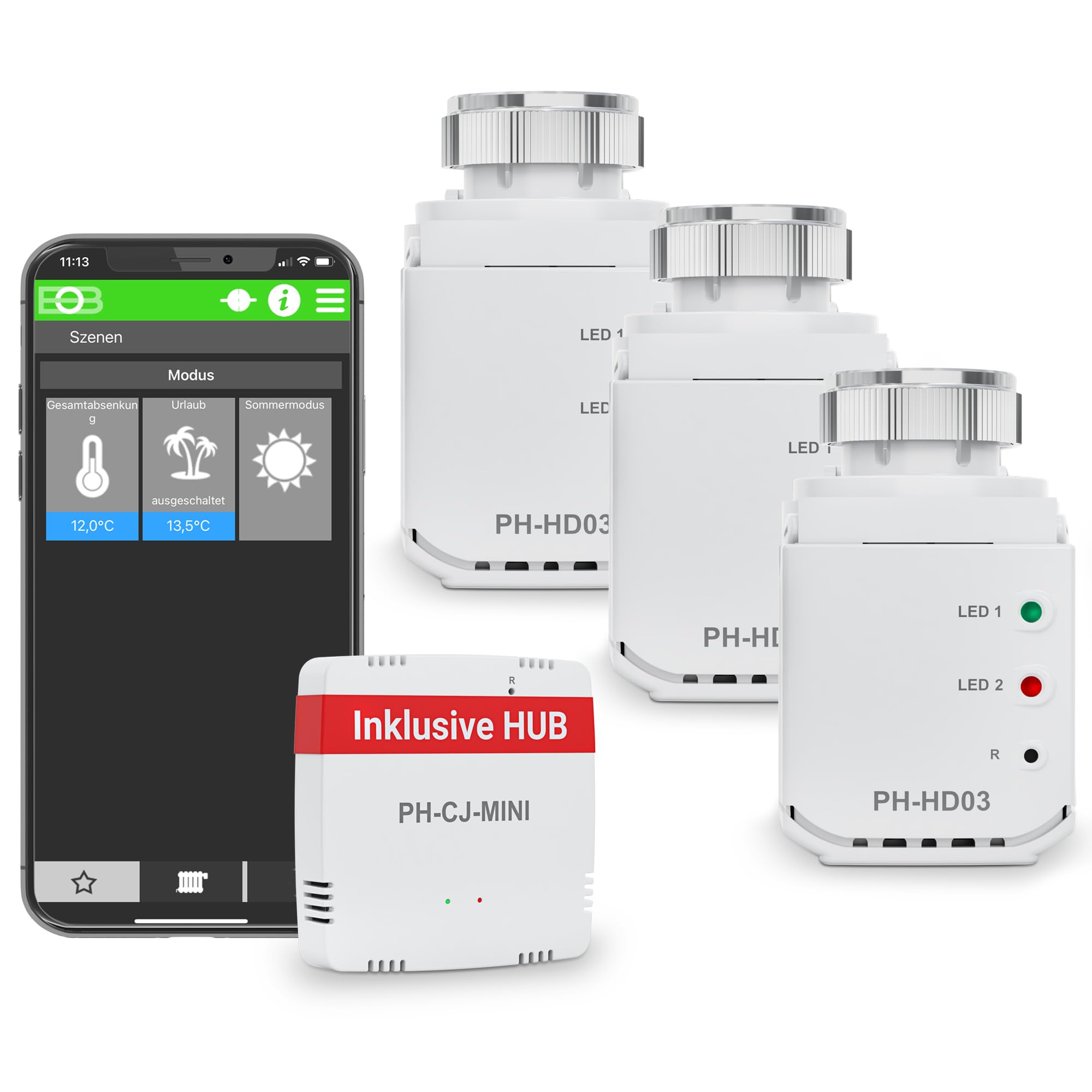 ELEKTROBOCK PH-Starter Pack1 - Controllo del riscaldamento tramite app - 3 termostati per radiatori con gateway - Controllo della temperatura centralizzato - Smart Home - Risparmio energetico