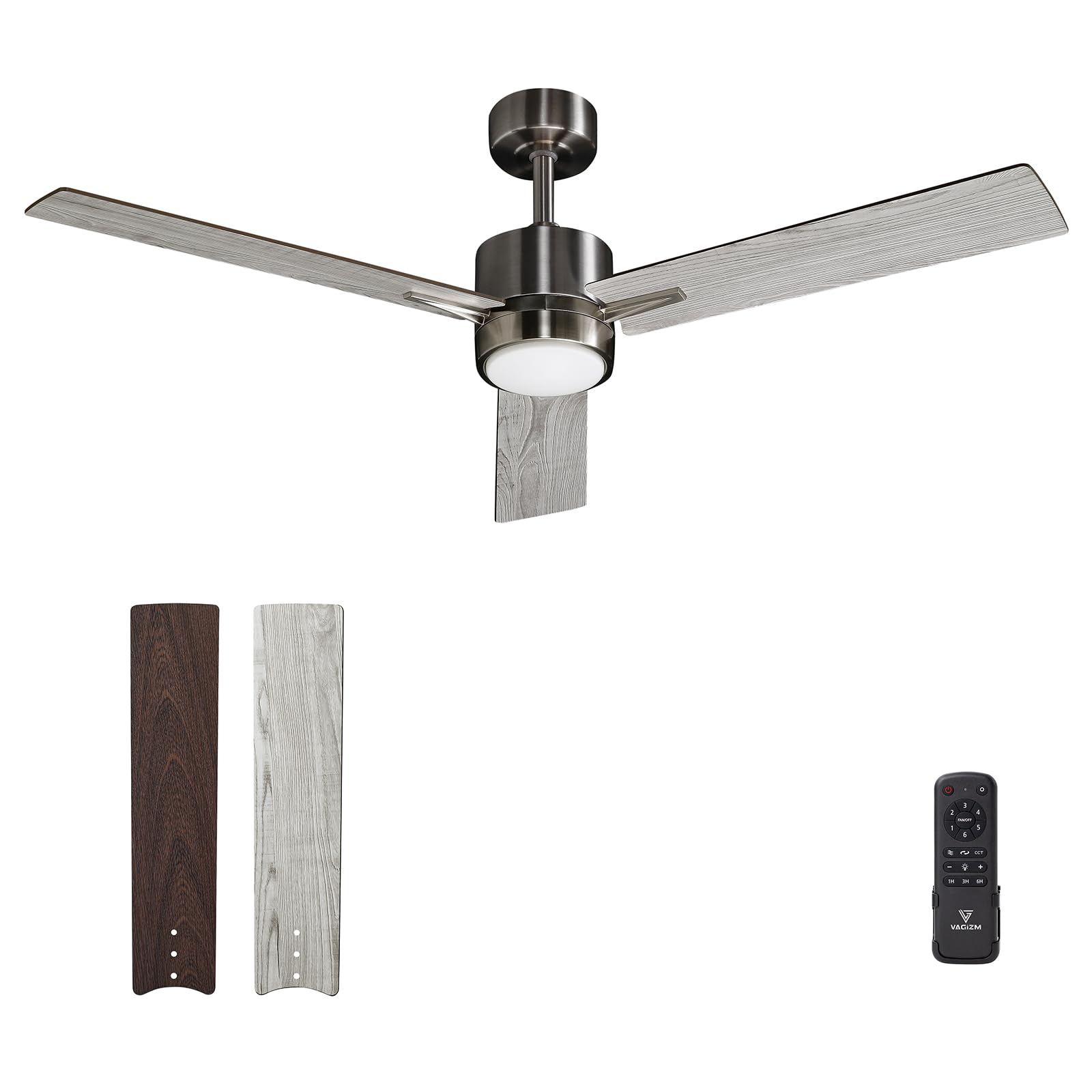 Vagizm 52 inch Ceiling Fan with Light for Bedroom - Reversible Function - 3 Color Temperature & Dimmable Brightness - Quiet Operation - Suitable for Living Room & Patios - 3 Blades Gray
