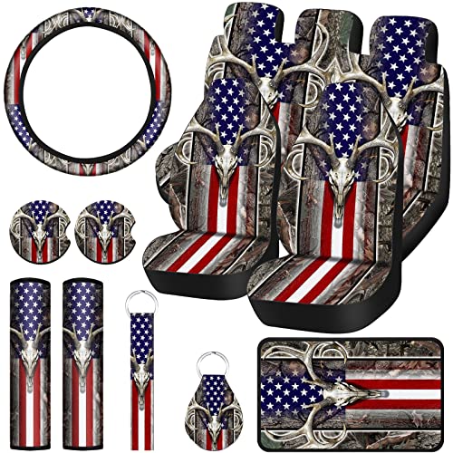 Frienda 15 Pcs Vintage American Flag Car Seat Cover Full Set, 4th of July Patriotic Steering Wheel, Keyring, Car Cup Holders, Seat Belt Pad Universal Fit for Truck SUV