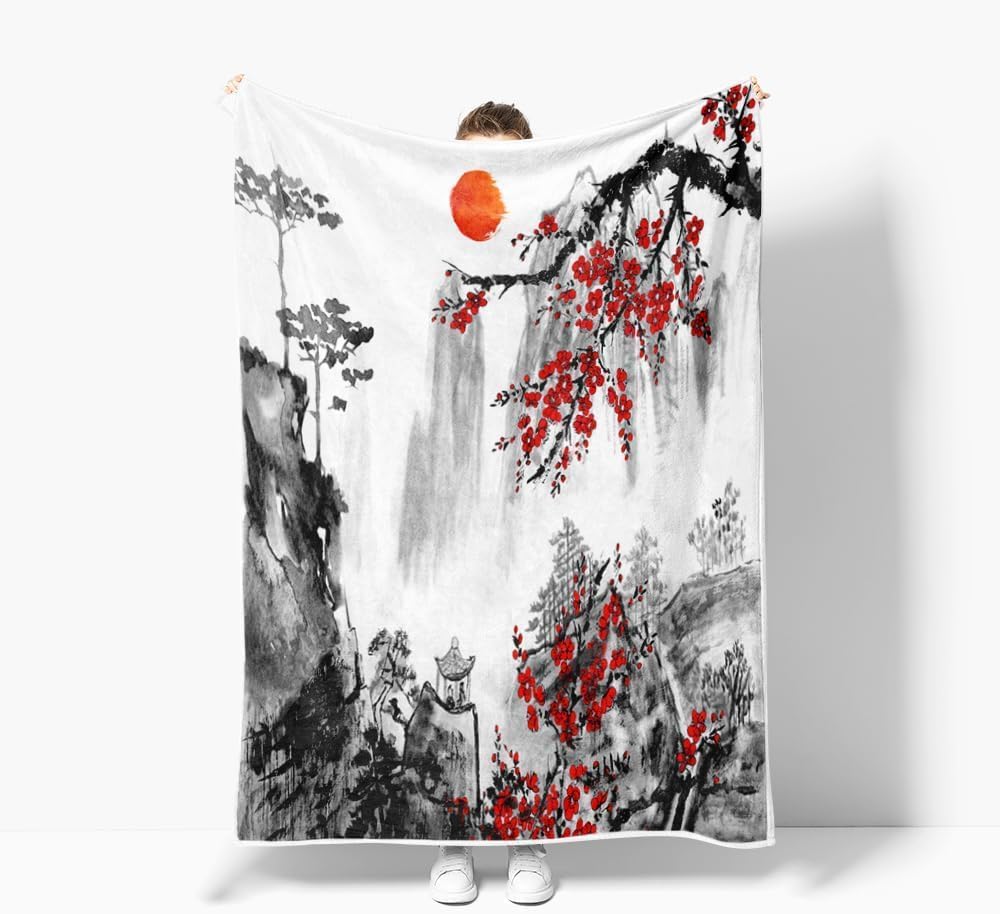 DYNH Japanese Cherry Blossom Throw Blankets, Asian Japanese Wave Kanagawa Throw Flannel Blankets for Couch & Bed, Asian Anime Mount Red Sun Plush Cozy Fuzzy Blanket,60X80 - Image 3