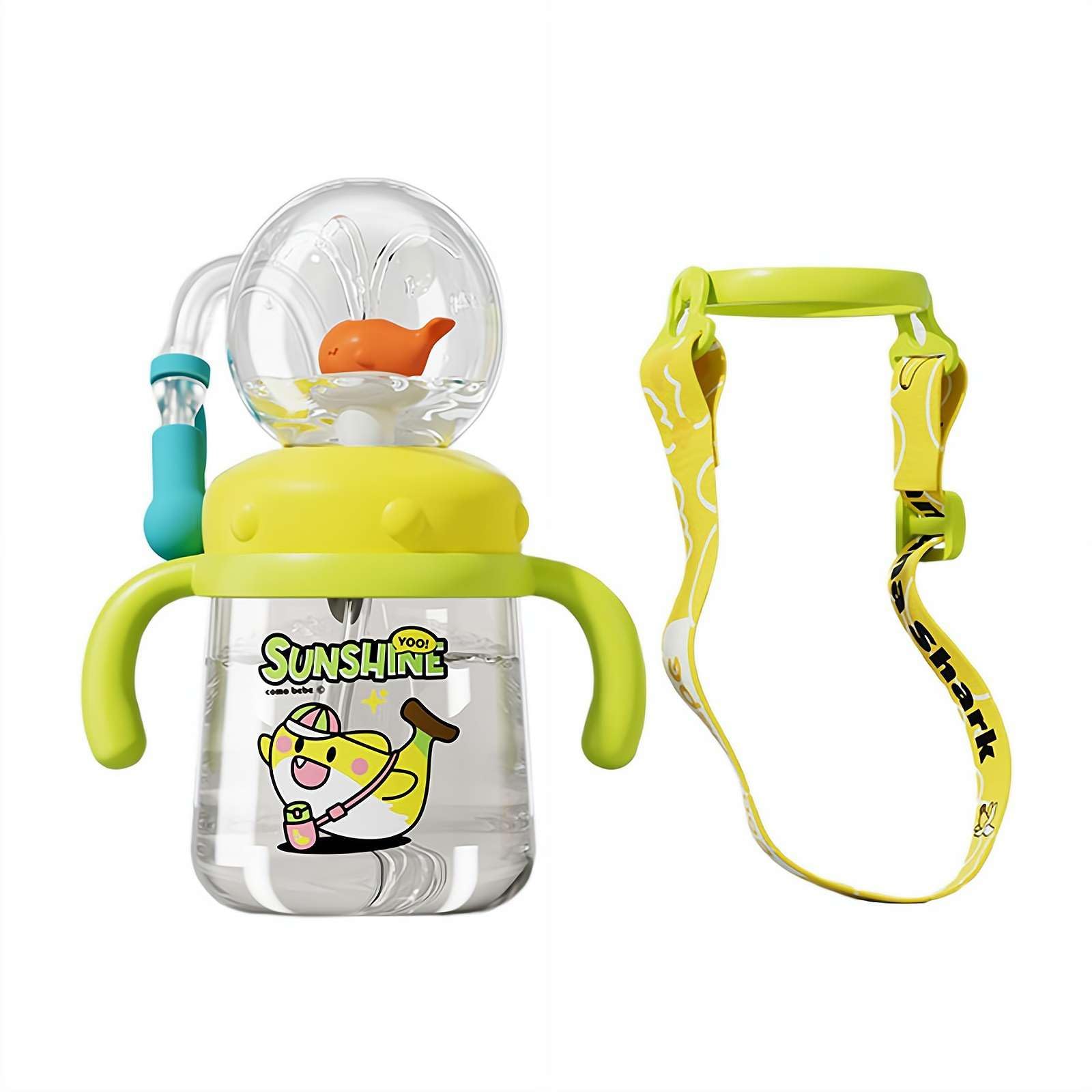 EIRZNGXQ 10oz Drinking Cup with Whale Squirt, Cute Water Bottles with Lids and Straws Leak Proof Handles ＆ Adjustable Strap, Tritan Straw Fun Drinking Cups for Home, School, or Travel (Green 1set)