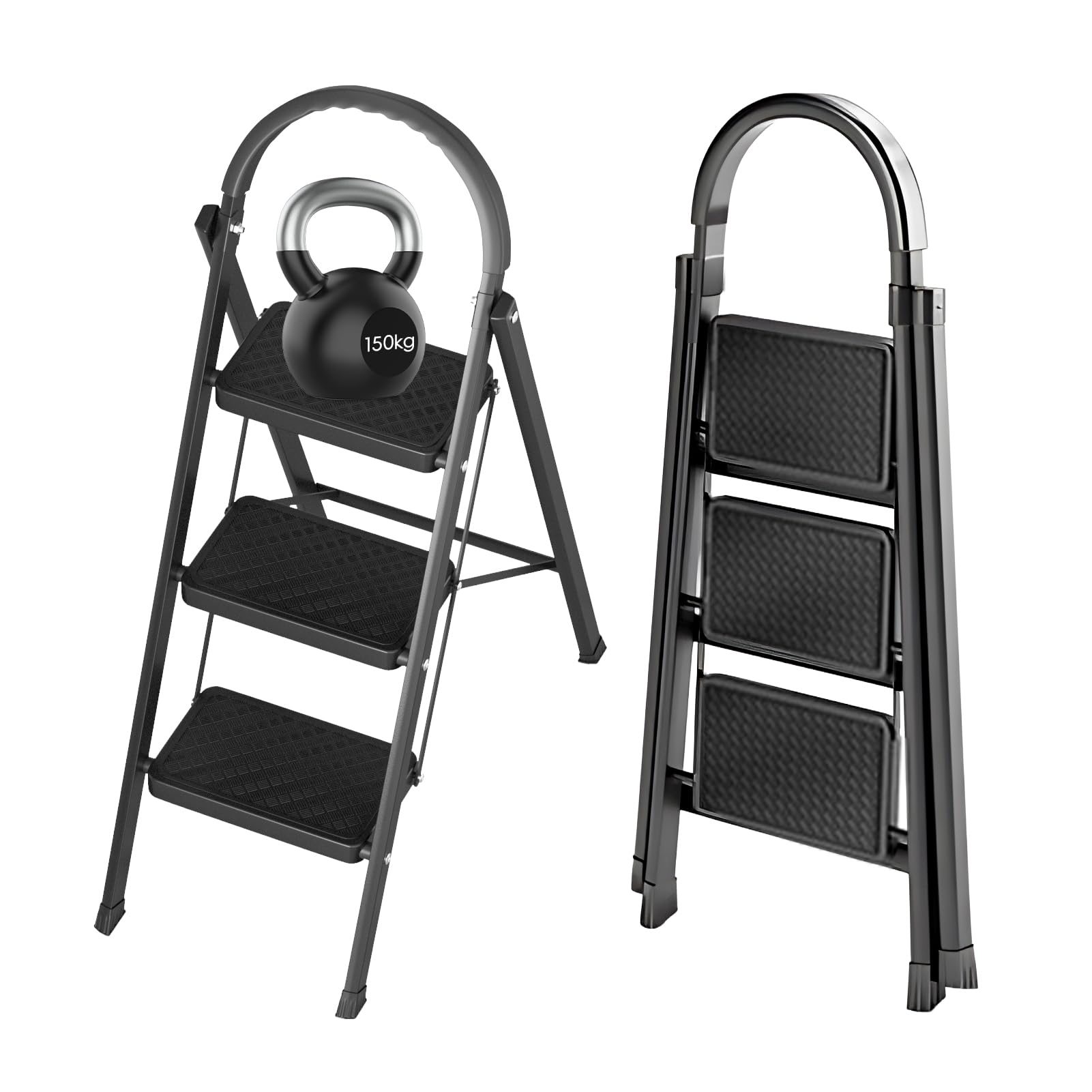 Escabeau 3 Marches Pliable, Escabeau Pliant Robuste Portée 150 kg, Petite Échelle Pliante avec Marches Anti-Dérapantes, Échelle de ménage pour Cuisine, Maison et Jardin (Noir)