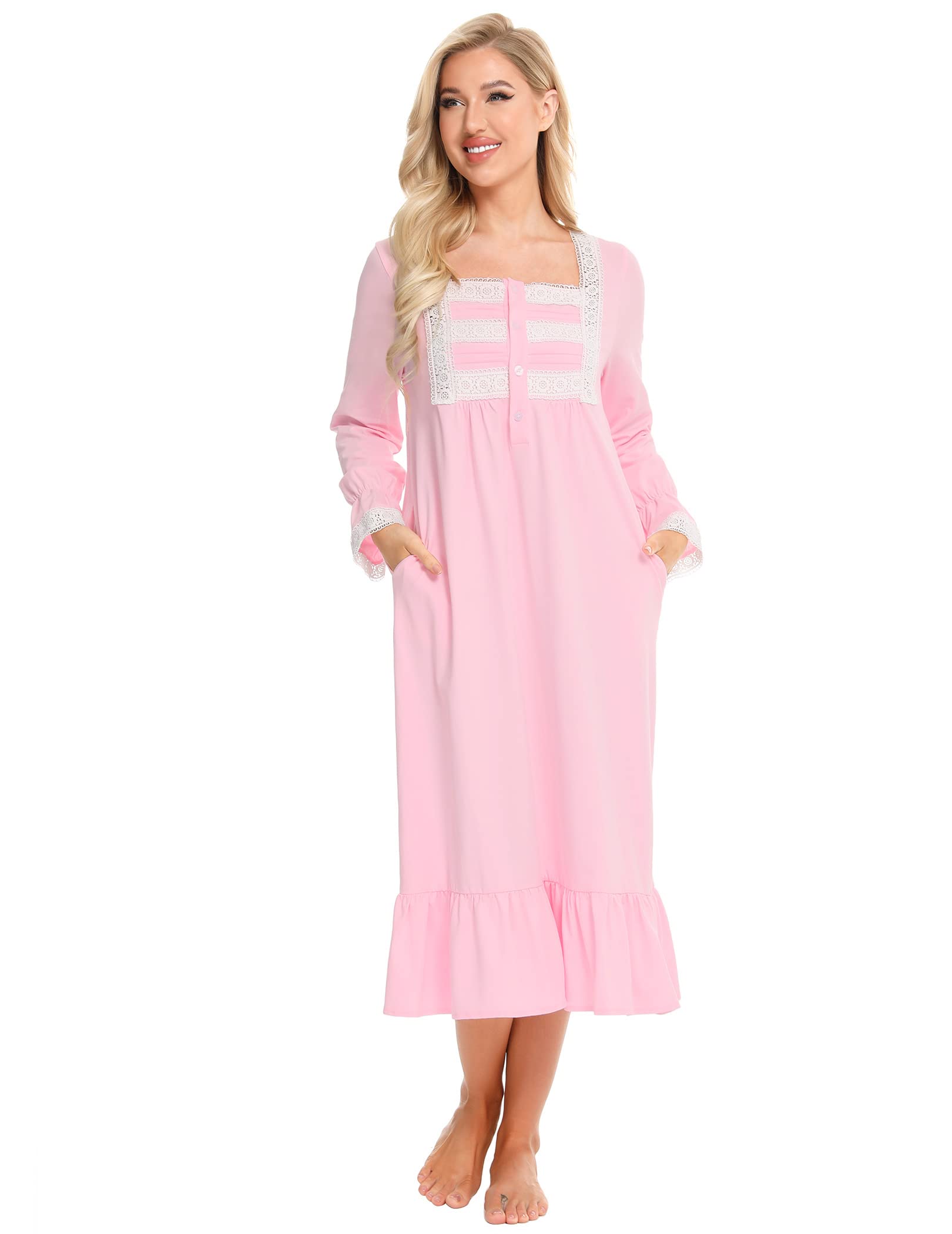 Citridarll Long Nightgowns for Women Long Sleeve Night Gown Ladies Long Nightdress Victorian Sleep Shirt with Pockets, Pink, Medium