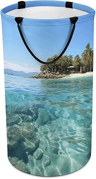 Laundry Basket Hamper Fiji Island And Clear Sea Waterproof Dirty Clothes Hamper Collapsible Washing Bin Clothes Bag with Handles Freestanding Laundry Hamper for Bathroom Bedroom Dorm Travel