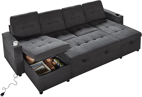 Miniatura 7 de AMERLIFE Sofá cama extraíble de 109 pulgadas, sofá cama con 2 puertos USB y portavasos, sofá cama modular en forma de U con diván de almacenamiento