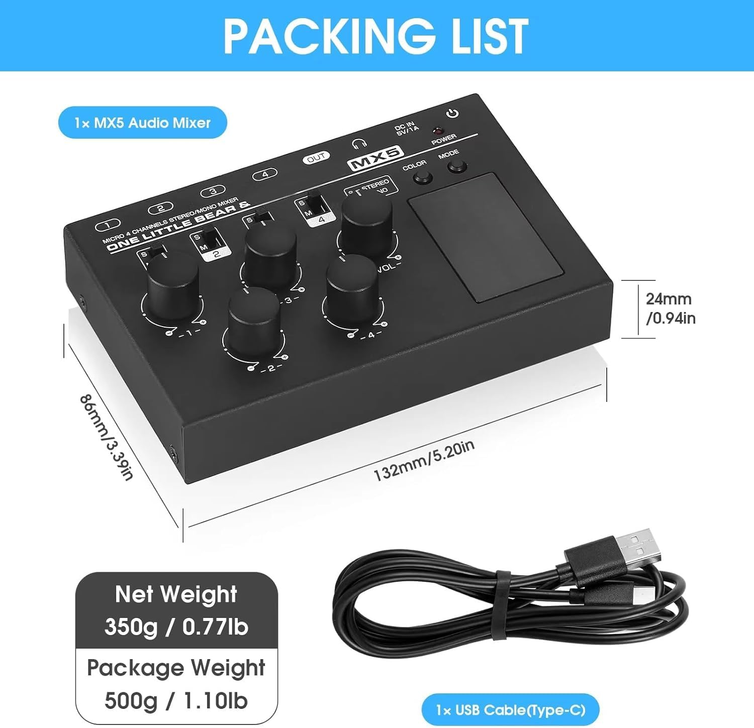 Mezclador de audio de 4 canales con medidor de nivel LED integrado, ganancia ajustable, conector de auriculares de 3.5 mm, diseño de bajo ruido para clubes y bares pequeños