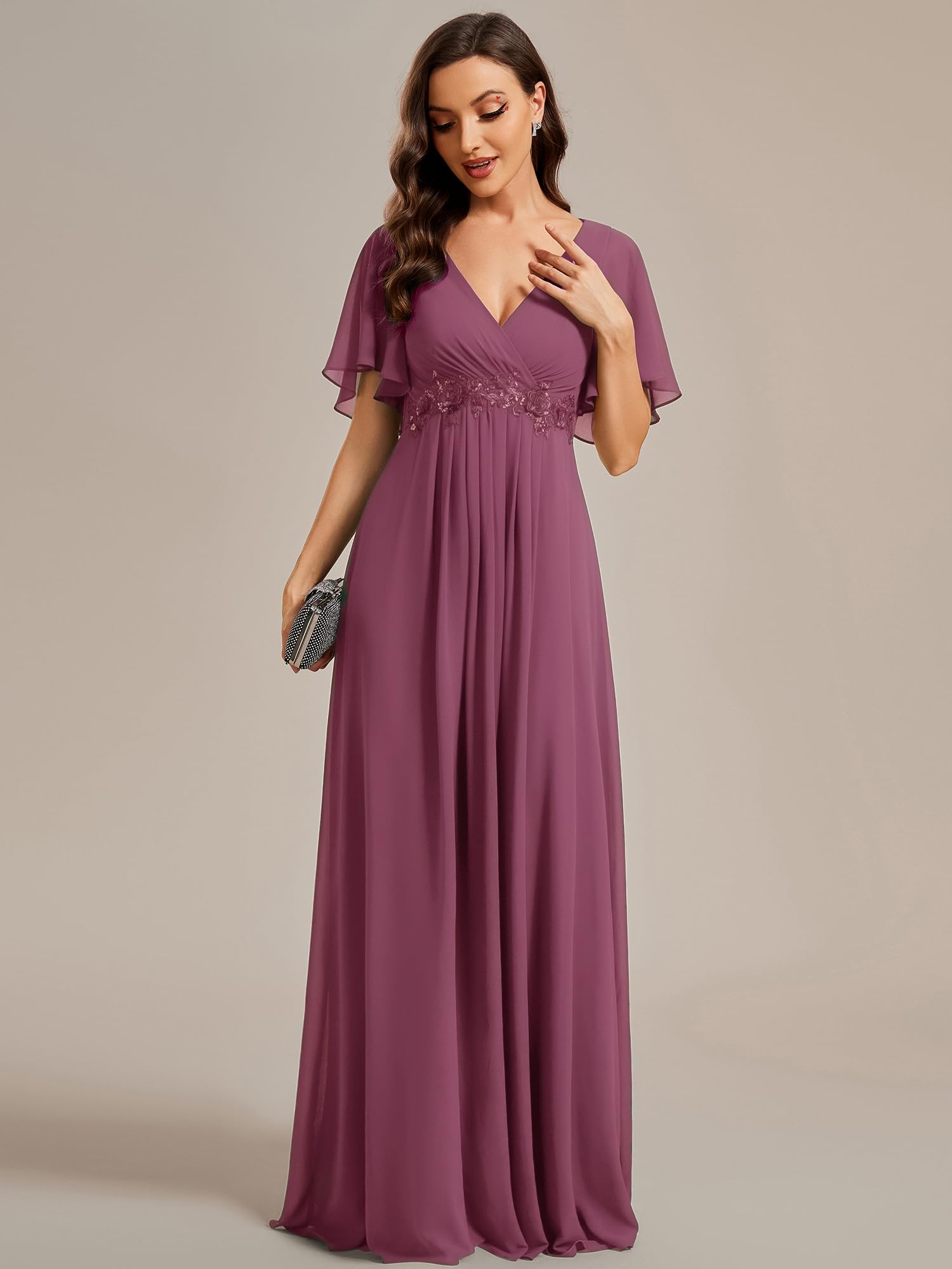 Ever-Pretty Elegantes Damenkleid mit V-Ausschnitt, Rüschenärmeln, langer Stil, Hochzeitskleid für Damen EE01960