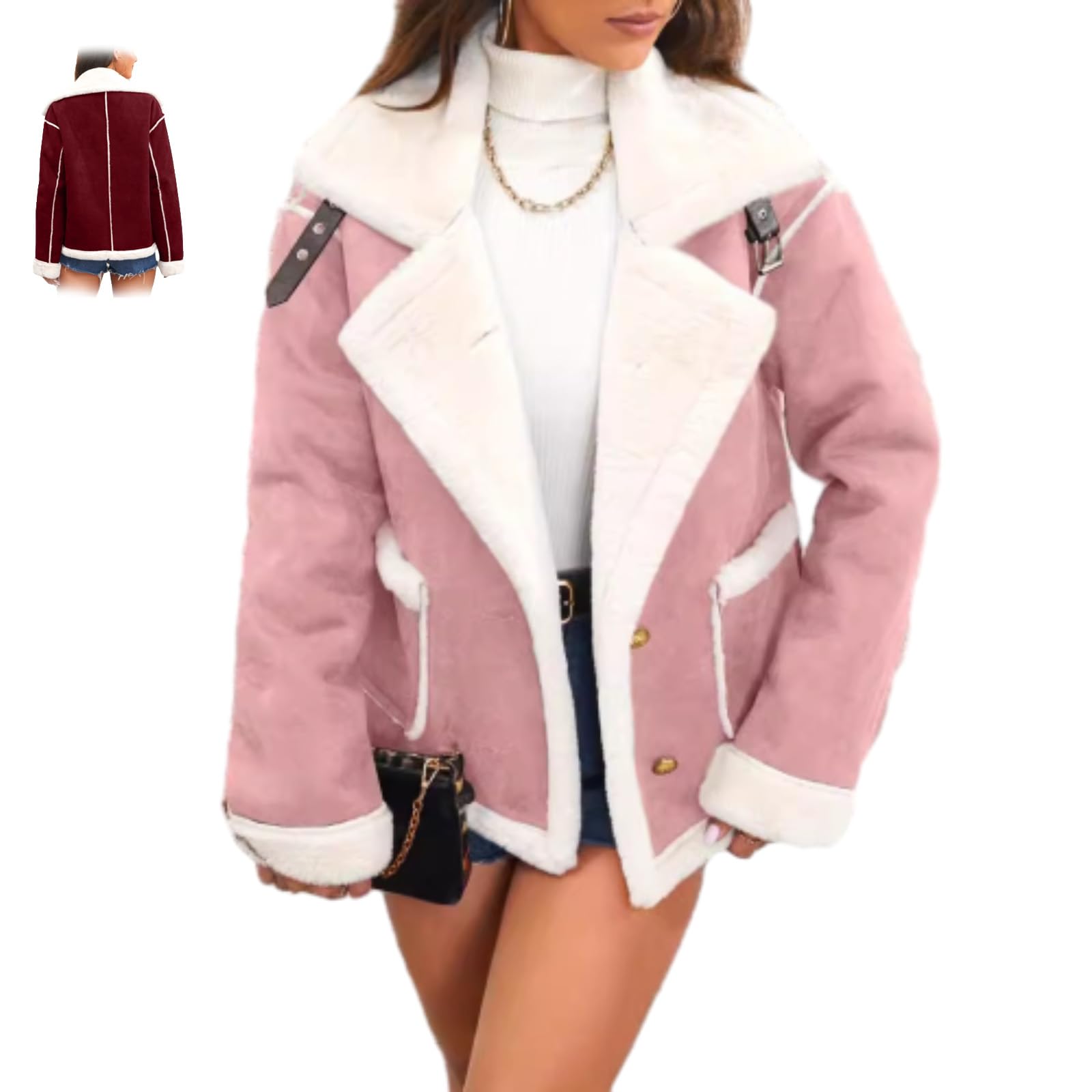 Windehao Women's Pink Cozy Lapel Plush Jacket – Warm Winter Casual Outerwear, Sherpa Lined Cropped Moto Jackets, Faux Suede Fur Lined Sherpa Coat (,S)
