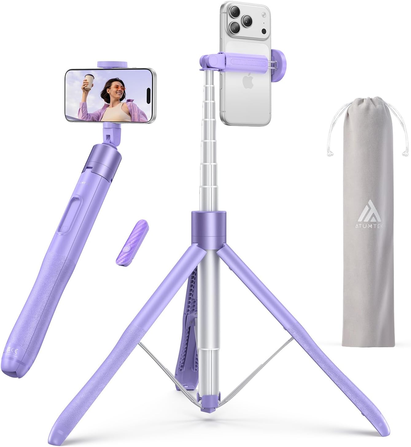 ATUMTEK Smartphone Tripod, Selfie Stick, 59.1 inches (150 cm), Long Type, Selfie Stand, Aluminum, Rechargeable, Bluetooth Remote Control, 360� Rotation, Supports YouTube Vlog, TikTok, Sports Events,